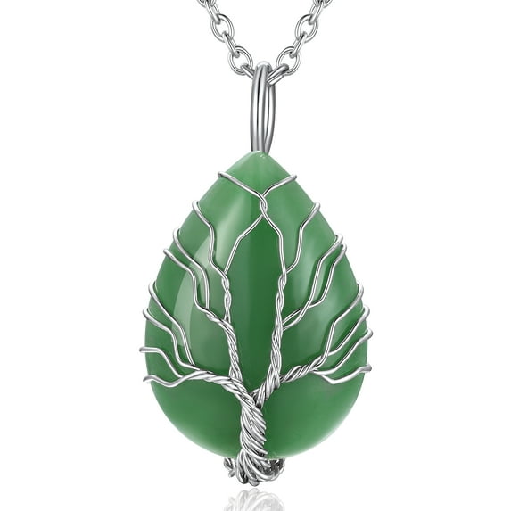 Bestyle Women Pear-Shaped Necklace Pendant Healing Tree of Life Jewelry Nature Aventurine Gemstone Necklace Energy Gifts for Her - August