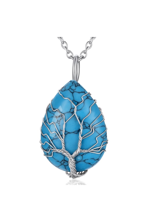 Women Pear-Shaped Necklace Pendant Healing Tree of Life Jewelry Synthetic Blue Turquoise Gemstone Necklace Energy Gifts for Her - December