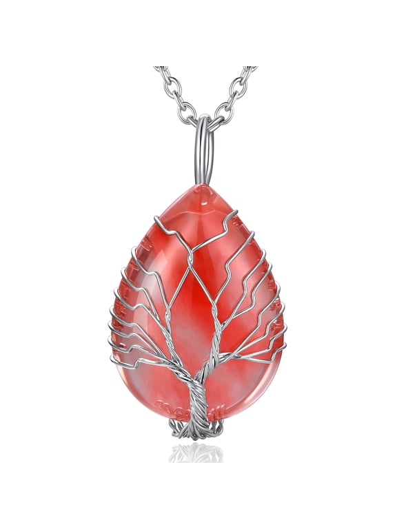Women Pear-Shaped Necklace Pendant Healing Tree of Life Jewelry Synthetic Cherry Quartz Gemstone Necklace Energy Gifts for Her - July