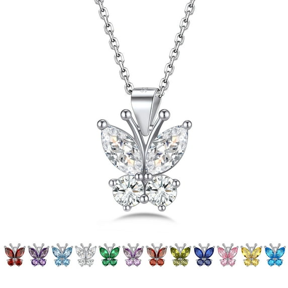 Bestyle Women Silver Butterfly Necklace April Created Diamond Necklaces Cute Birthstone Pendant Necklace for Butterfly Lovers