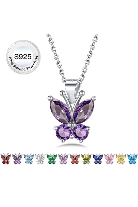 Women Pure 925 Sterling Silver Butterfly Necklace February Created Amethyst Necklaces Cute Birthstone Pendant for Butterfly Lovers