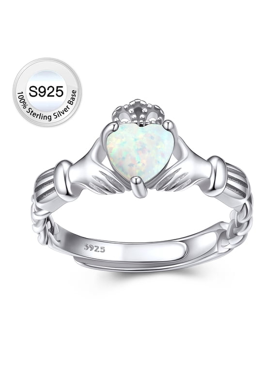 Women Pure Sterling Silver Claddagh Ring with Opal Gemstone Adjustable Open Ring October Birthday Jewelry Gift for Mom Wife Daughter