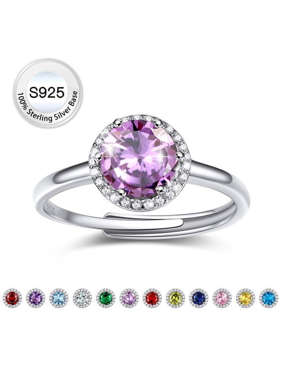 Women Pure S925 Sterling Silver Rings with 2ct Round Created Alexandrite, Adjsutable June Birthstone Rings Birthday Mother's Day Jewelry Gift for Her