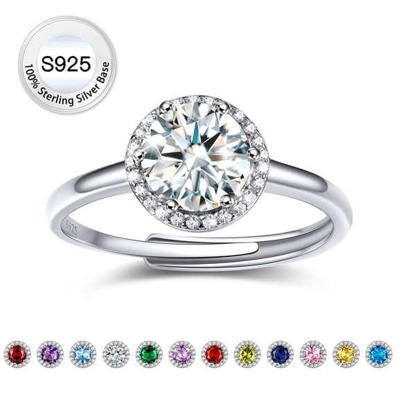 Bestyle Women Pure S925 Sterling Silver Rings with 2ct Round Created Created Diamond, Adjsutable April Birthstone Rings Birthday Mother's Day Jewelry Gift for Her