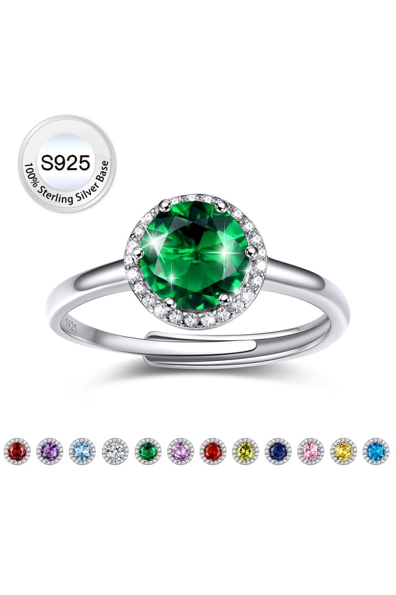 Women Pure S925 Sterling Silver Rings with 2ct Round Created Emerald, Adjsutable May Birthstone Rings Birthday Mother's Day Jewelry Gift for Her