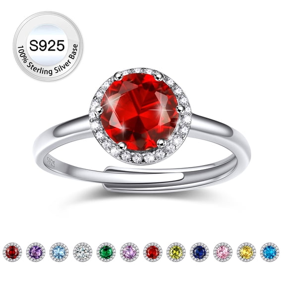 Bestyle Women Pure S925 Sterling Silver Rings with 2ct Round Created Ruby, Adjsutable July Birthstone Rings Birthday Mother's Day Jewelry Gift for Her