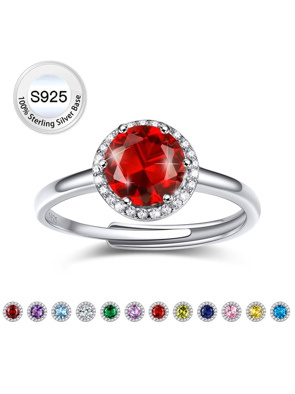 Women Pure S925 Sterling Silver Rings with 2ct Round Created Ruby, Adjsutable July Birthstone Rings Birthday Mother's Day Jewelry Gift for Her