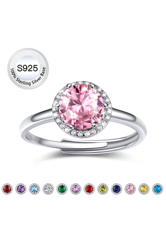 Women Pure S925 Sterling Silver Rings with 2ct Round Created Tourmaline, Adjsutable October Birthstone Rings Birthday Mother's Day Jewelry Gift for Her