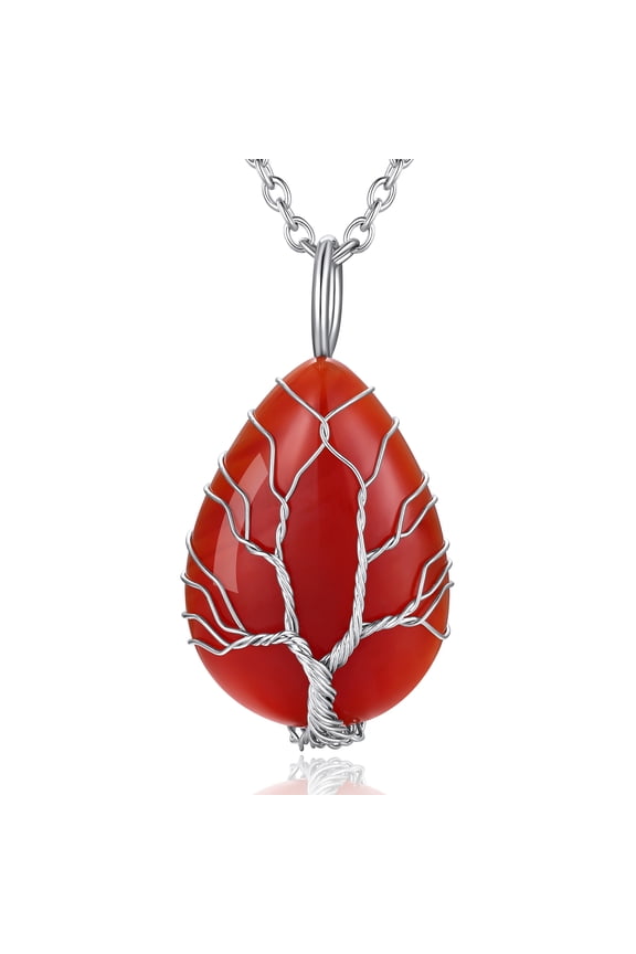 Women Teardrop Necklace Pendant Healing Tree of Life Jewelry Nature Red Agate Gemstone Necklace Birthday Gifts for Her - January