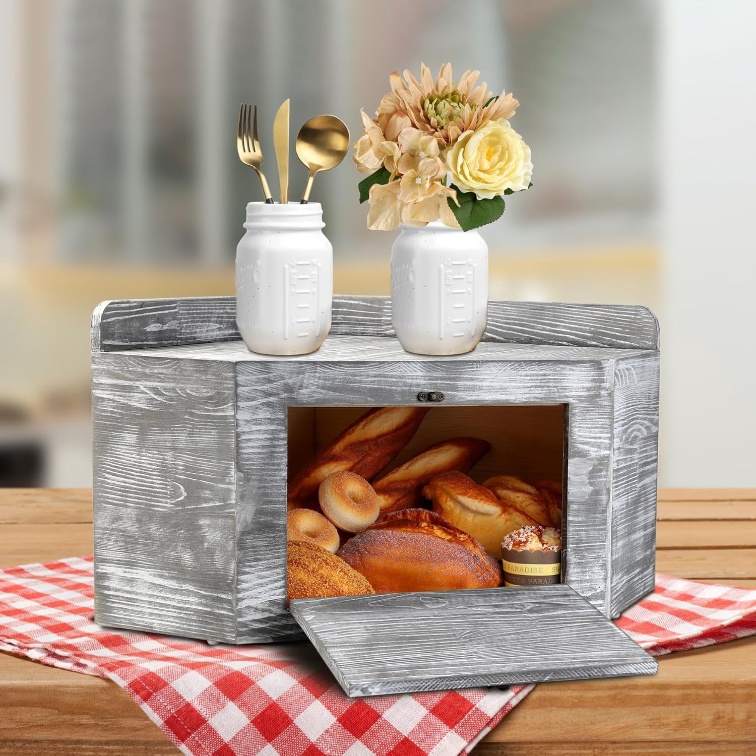 Besuerte Farmhouse Countertop Bread Box, Wood Bread Box, Corner Bread ...