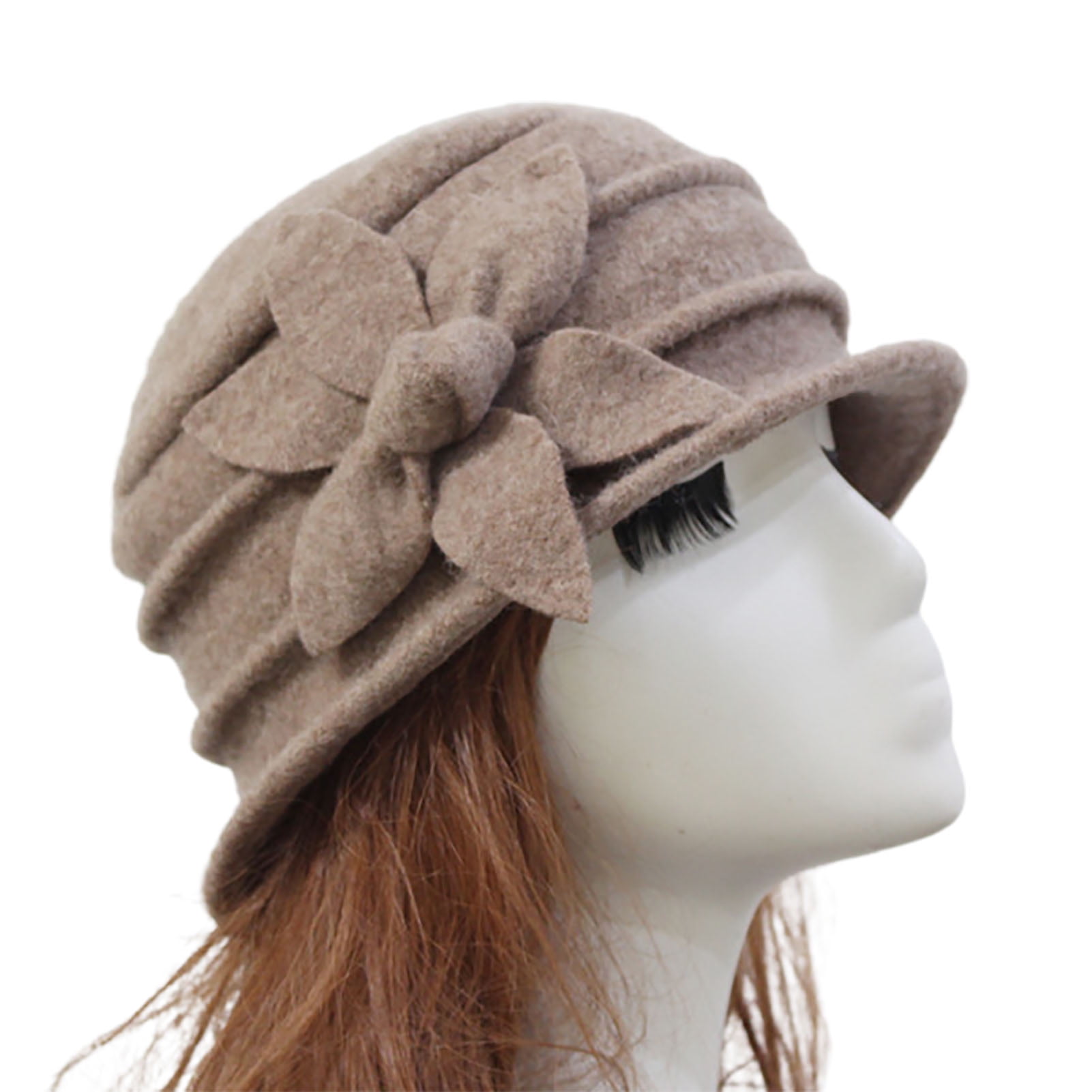 Besufy 1Pcs Women Flower Decor Felt Hat Solid Color Wool Blend Thick Warm  Women Winter Hat Accessories,Camel