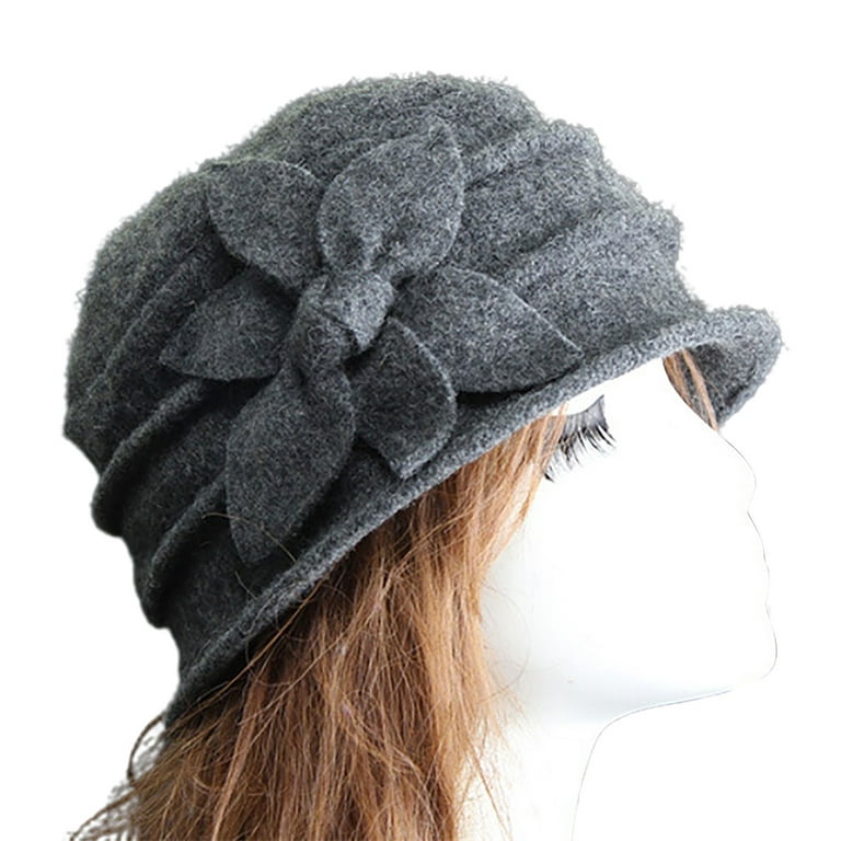 Besufy 1Pcs Women Flower Decor Felt Hat Solid Color Wool Blend Thick Warm  Women Winter Hat Accessories,Dark Gray