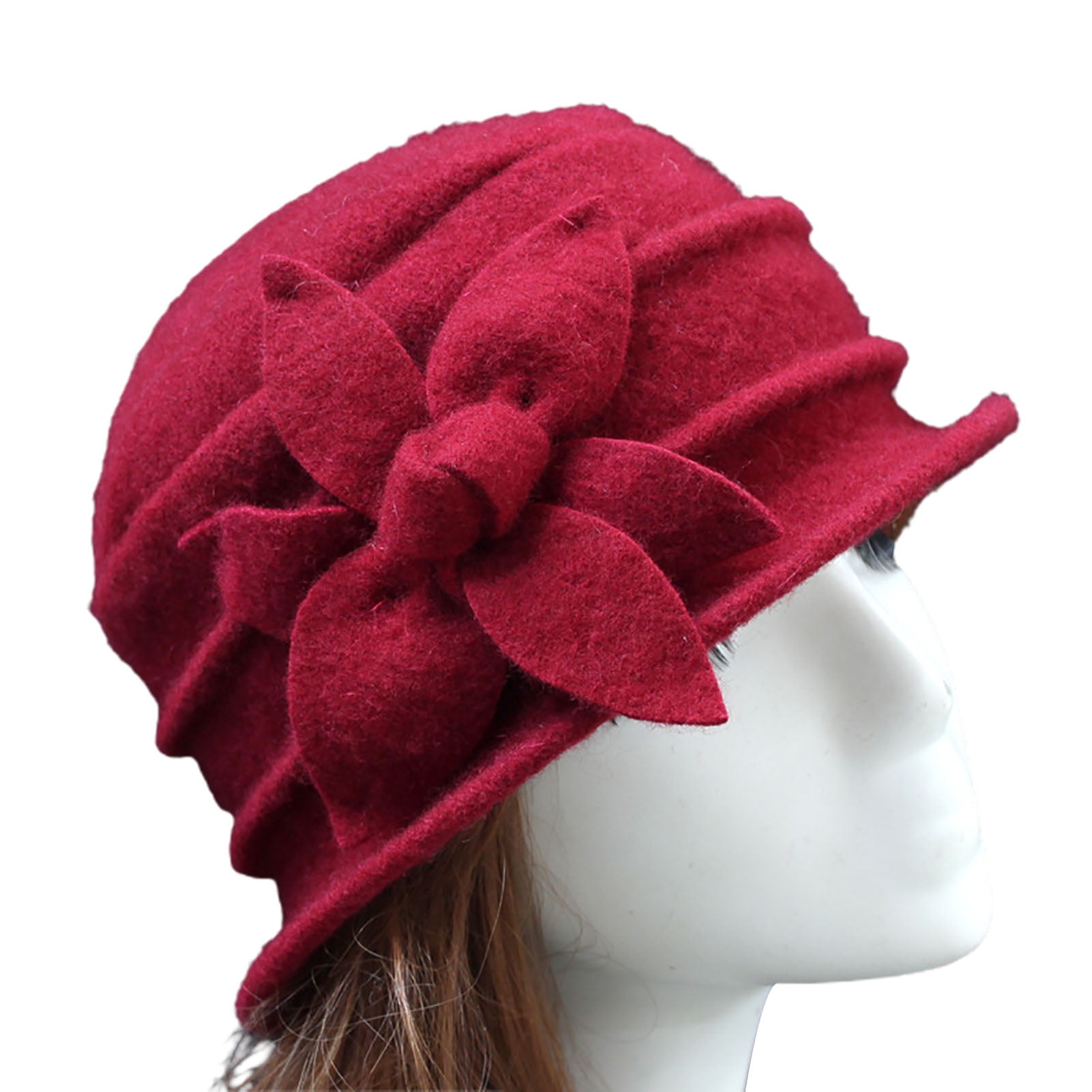Besufy 1Pcs Women Flower Decor Felt Hat Solid Color Wool Blend Thick Warm  Women Winter Hat Accessories,Date Red