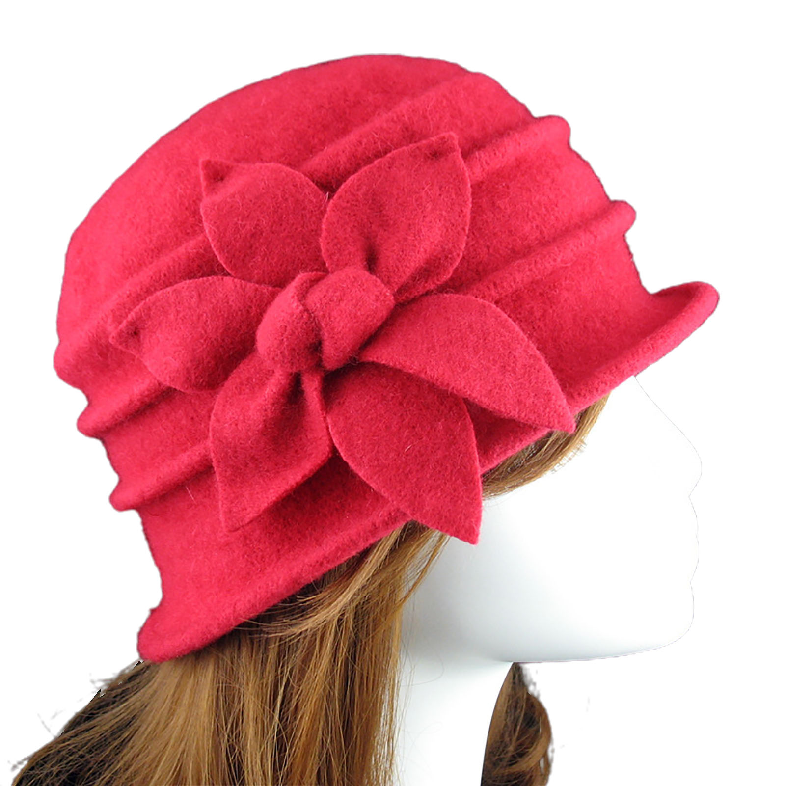 Besufy 1Pcs Women Flower Decor Felt Hat Solid Color Wool Blend Thick Warm  Women Winter Hat Accessories,Red