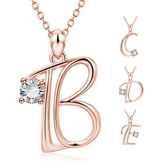 Besufy 26 Capital Letter Pendant Necklace Cubic Zirconia Rose Gold Jewelry Accessory