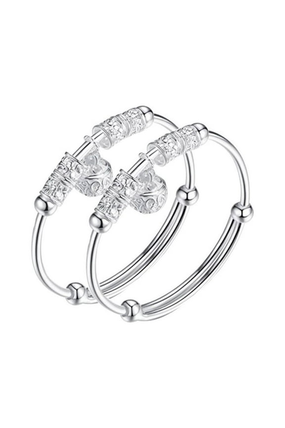 2Pcs Adjustable Infant Baby Embossing Bell Bangle Hand Bracelet Jewelry Gift Silver