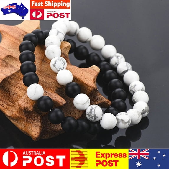 Besufy 2Pcs Unisex Distance Bracelet Couple His Hers Black Matte Beads White Howlite