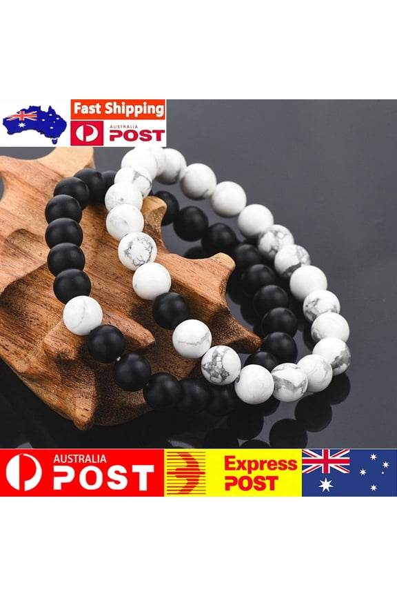 2Pcs Unisex Distance Bracelet Couple His Hers Black Matte Beads White Howlite
