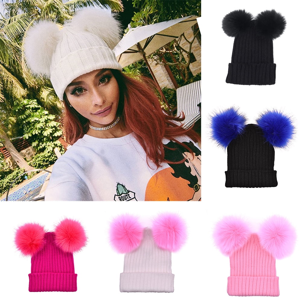 Besufy Adult Knitted Faux Fur Ball Pom Pom Women Lady Beanie Hat Warm Cap  Gift White Pink 