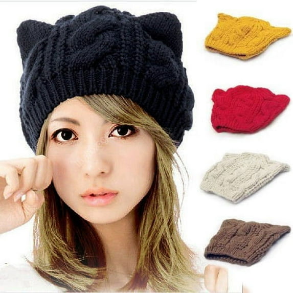 Besufy Adult Women Winter Knit Crochet Braided Cat Ears Beret Beanie Ski Knitted Hat Cap Beige