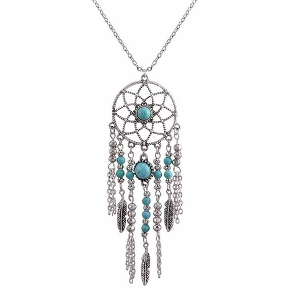 Besufy Boho Dreamcatcher Feather Turquoise Tassel Chain Charm Necklace Women Jewelry