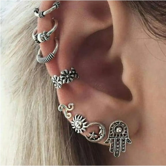 NUZYZ 8 Pcs Earrings Boho Style Alloy Sun Moon Shape Design Ear Studs Clip for Women