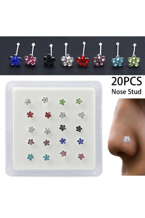 Flower Rhinestone Silver Plated Nose Stud Body Piercing Jewelry, 20 Pcs/Box