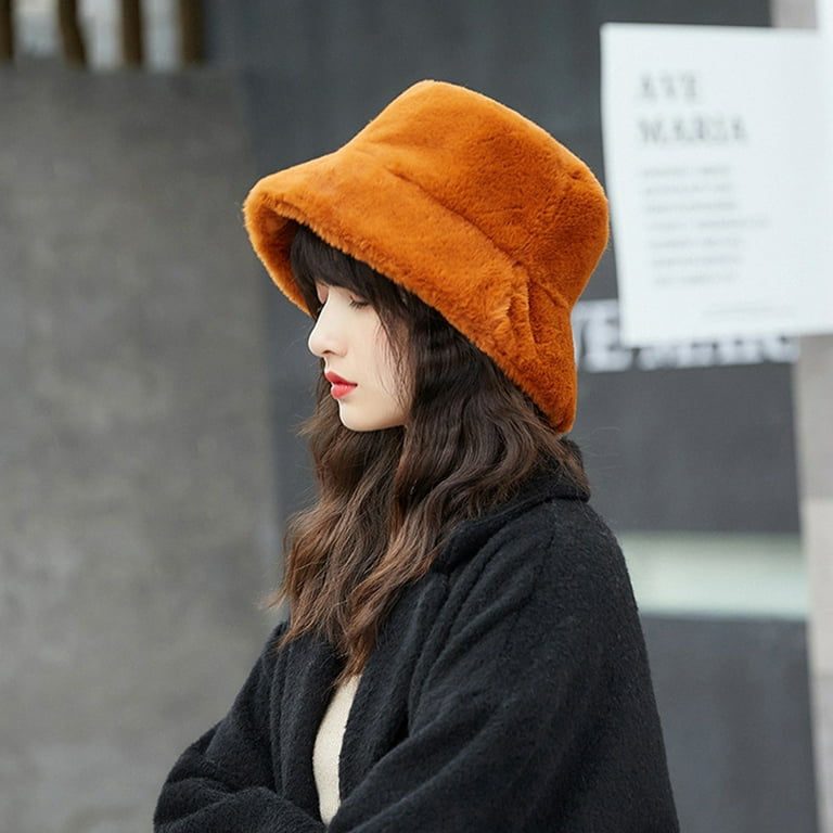 Besufy Winter Women Bucket Hat Solid Color Flat Top Wide Brim Warm Plush  Fisherman Cap 