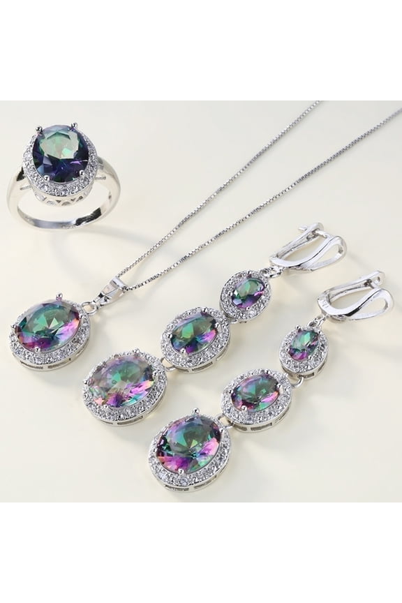 Women 4 Pcs/Set Jewelry Set Multicolor Faux Topaz Inlaid Ring Earrings Pendant Necklace Jewelry