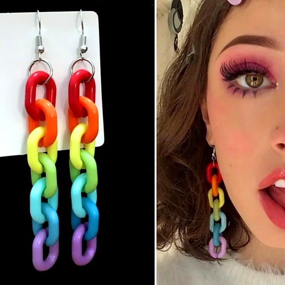 Besufy Women Acrylic Rainbow Chain Long Dangle Ear Clip Hook Earrings Club Jewelry Ear Hook