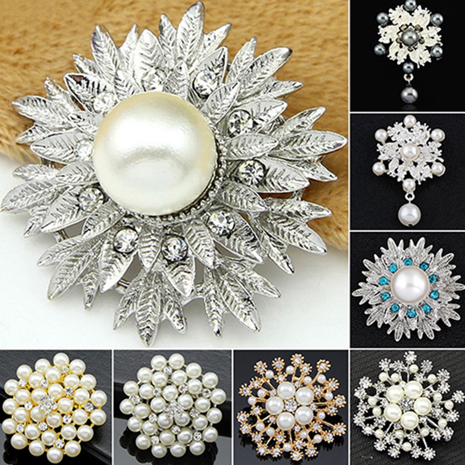 Besufy Women Brooch Alloy Flower Faux Pearls Brooch Crystal Pin Brooches  Wedding Party Jewelry 