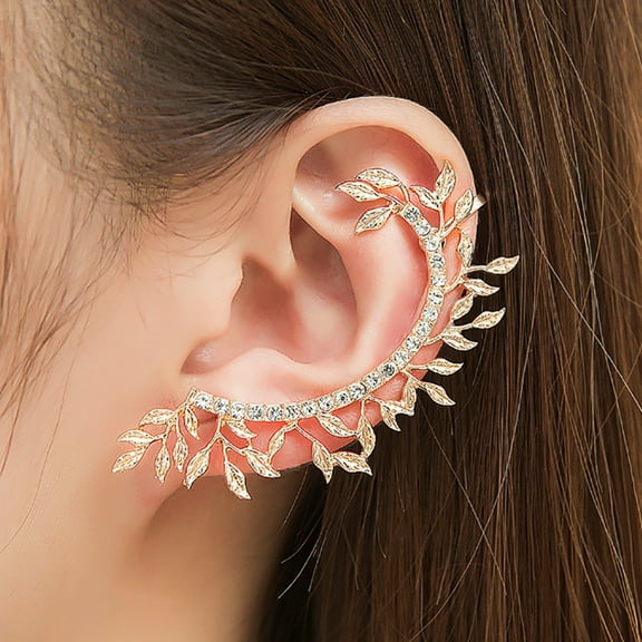 Besufy Women Ear Cuff,1Pc Vintage Leaf Curved Full Rhinestone Ear Cuff Clip On Earrings Jewelry