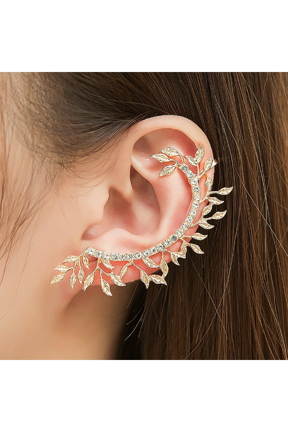 Women Ear Cuff,1Pc Vintage Leaf Curved Full Rhinestone Ear Cuff Clip On Earrings Jewelry
