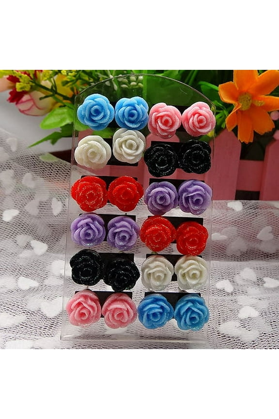 Women Ear Studs,12 Pairs Rose Flower Mixed Color Flower Ear Stud Earring