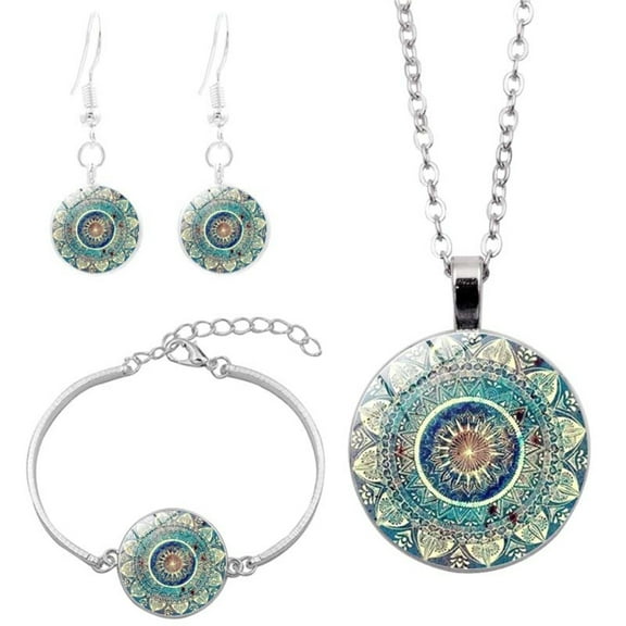 Besufy Women Jewelry Set Glass Cabochon Pendant Mandala Necklace Bracelet Earrings