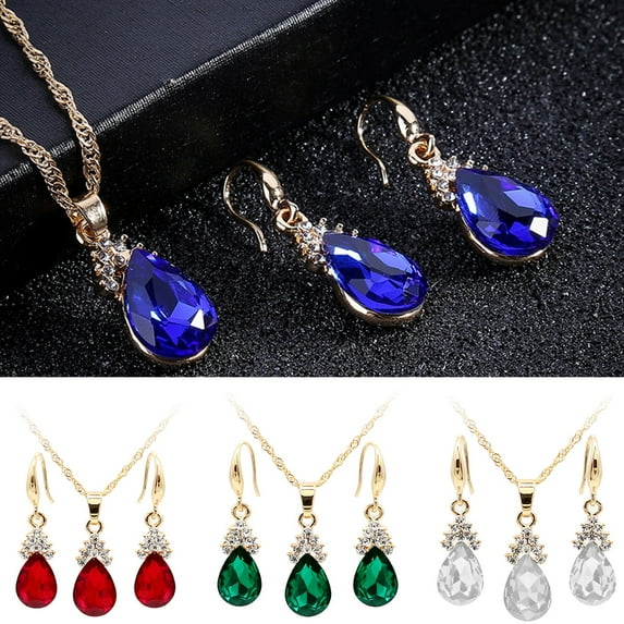 Besufy Women Jewelry Set Vintage Teardrop Rhinestone Necklace Hook Earrings Pendants