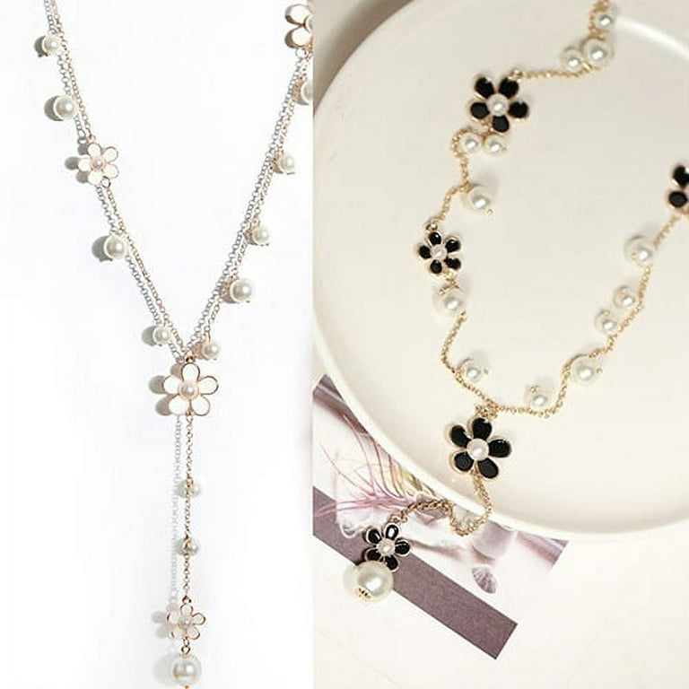 ★PEARLY MORE★ Pearl Blossom Long Chain Necklace Besufy Women Necklace ,Korean Style Faux Pearl Flowers Long