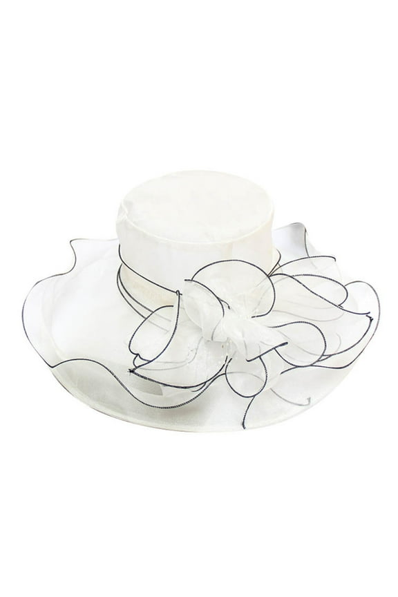 Women Sun Hat Floral Organza Wide Brim Fascinator Lady Tea Party Sun Hat White