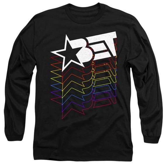Bet Logo Cascading Rainbow Unisex Adult Long-Sleeve T Shirt (X-Large) Black
