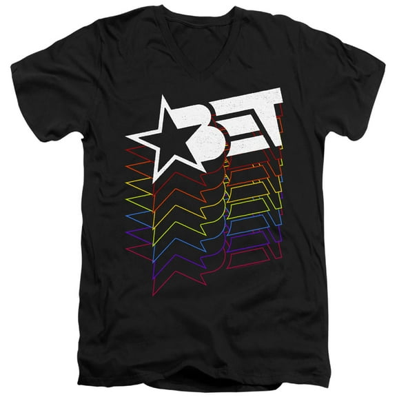 Bet Logo Cascading Rainbow Unisex Adult V-Neck T Shirt,Black, Large