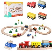 Wooden Train Set 65PCS, BetDEF Toy Train Sets with All-Wood Double Sided Train Tracks for Boys & Girls Fits Thomas, Brio, Melissa and Doug...(65PC)