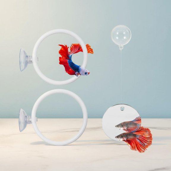 Beta Fish Aquariums Accessories, Fish Mirror with Floating Ball & Exercise Training Ring Toys, Fish Feeding Ring, Betta Fish Toys Set for Tank, Enrichment Toys for Fish