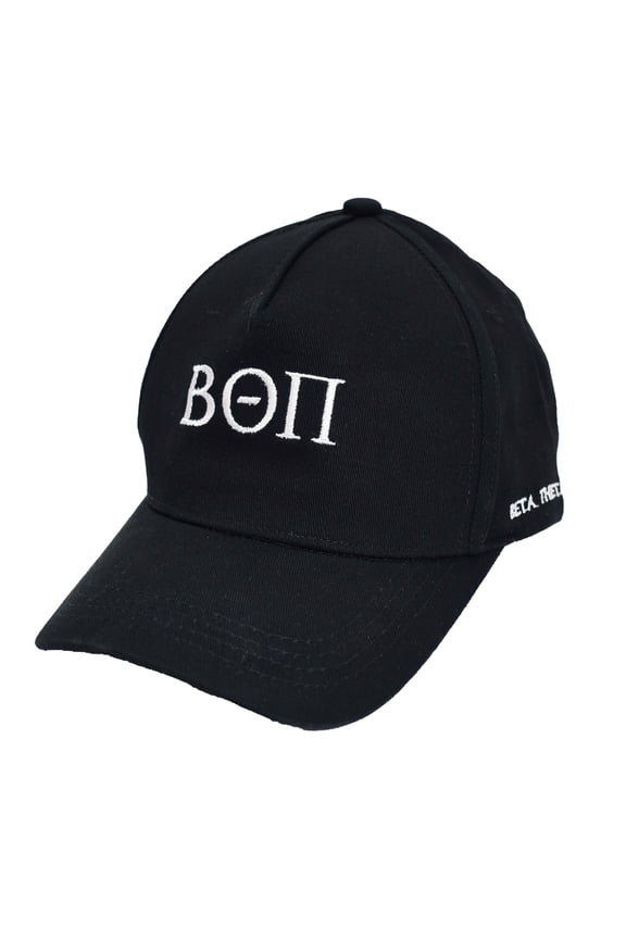 Beta Theta Pi Fraternity Baseball Cap - Brushed Cotton 5-Panel Black Hat, Adjustable Size, Embroidered Greek Letters and Fraternity Name in Print