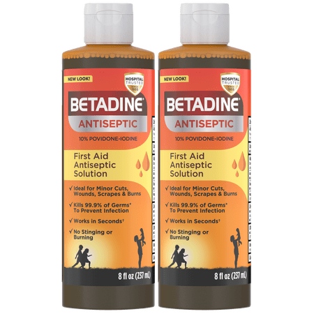 Betadine Antiseptic Liquid First Aid Solution, Povidone-iodine 10%, Infection Protection, Kills Germs In Minor Cuts Scrapes And Burns, No Alcohol or Hydrogen Peroxide, 8 FL OZ (Pack of 2)
