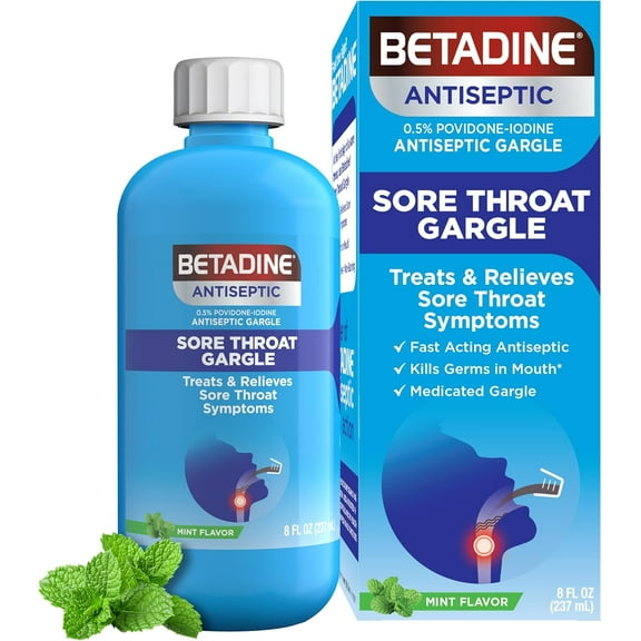 Betadine Antiseptic Medicated Gargle, Povidone-Iodine 0.5%, Treat Sore Throat Symptoms, Mint, 8oz