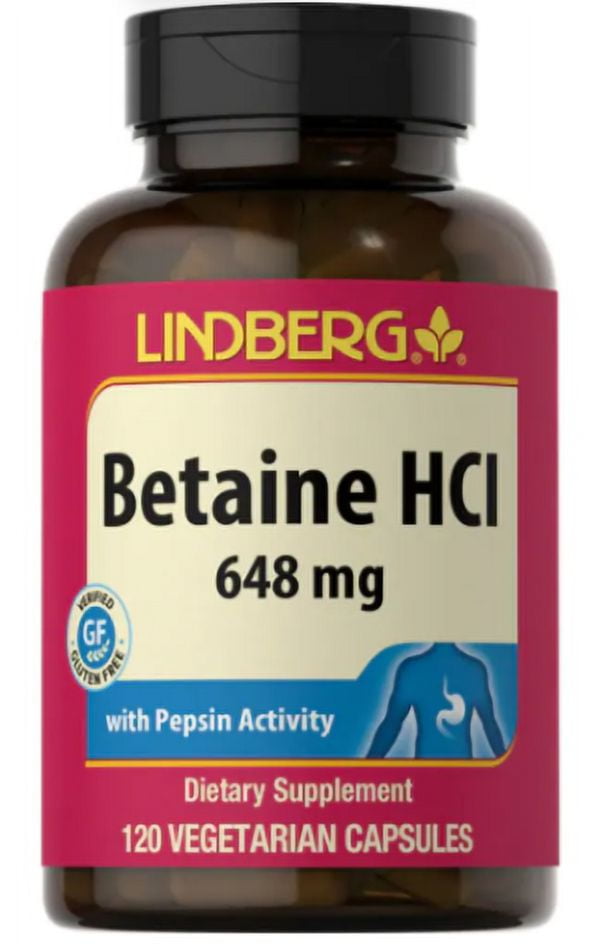 Betaine HCL with Pepsin 648mg 120 Capsules Betaine Hydrochloride Supplement By Lindberg