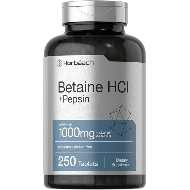 Betaine HCl with Pepsin | 1000mg | 250 Tablets | with Ginger Root | by Horbaach