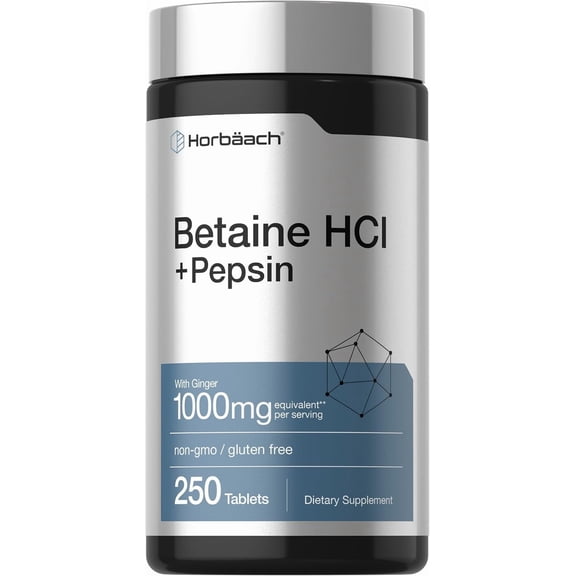 Betaine HCl with Pepsin | 1000mg | 250 Tablets | with Ginger Root | by Horbaach