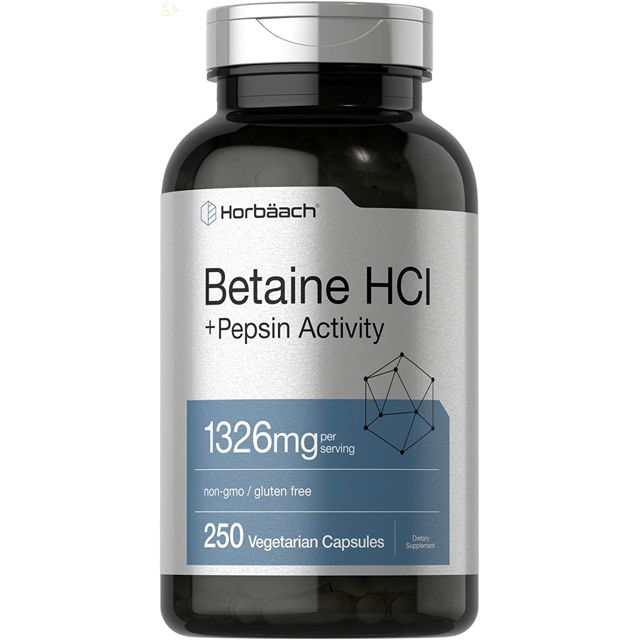 Betaine Hcl with Pepsin 1326Mg 250 Capsules Betaine Hydrochloride Supplement with