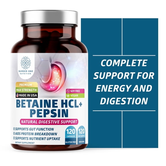 Betaine Hydrochloride Enzymes Supplement with Pepsin, Helps Support Protein Breakdown and Nutrient Absorption, 120 Caps
